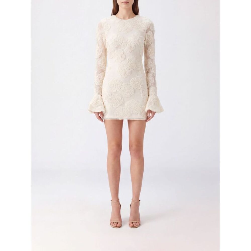 Floral Print Mesh Long-Sleeved Mini Sheath Dress Rotate With Flared Cuffs